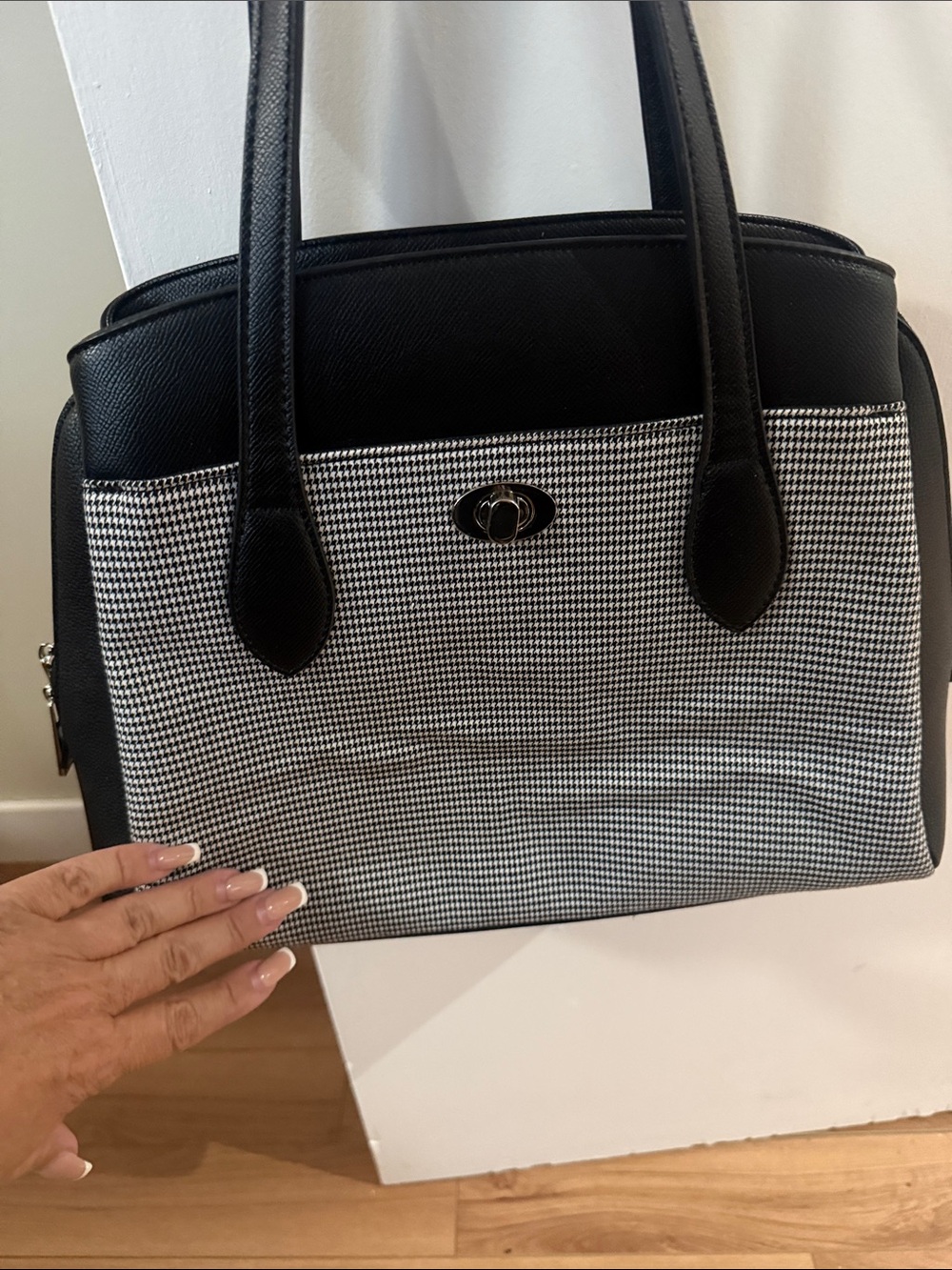 Black and White Houndstooth Tote Bag - Classic Structured Shoulder Bag